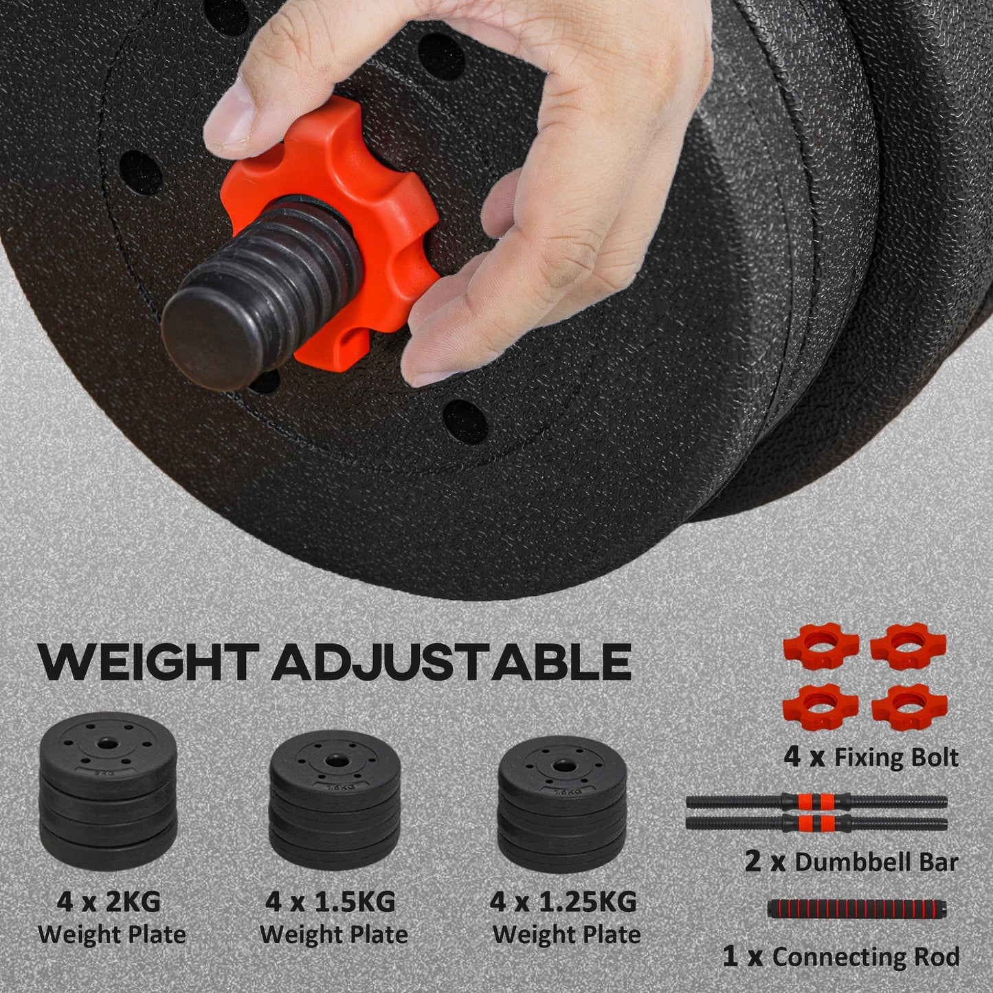 20kg 2 IN 1 Adjustable Dumbbells Weight Set, Dumbbell Hand Weight Barbell for Body Fitness, Lifting Training for Home, Office, Gym, Black by HOMCOM-4